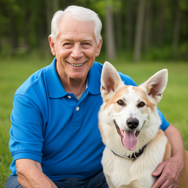 一位动漫老年男性和他的宠物狗在户外